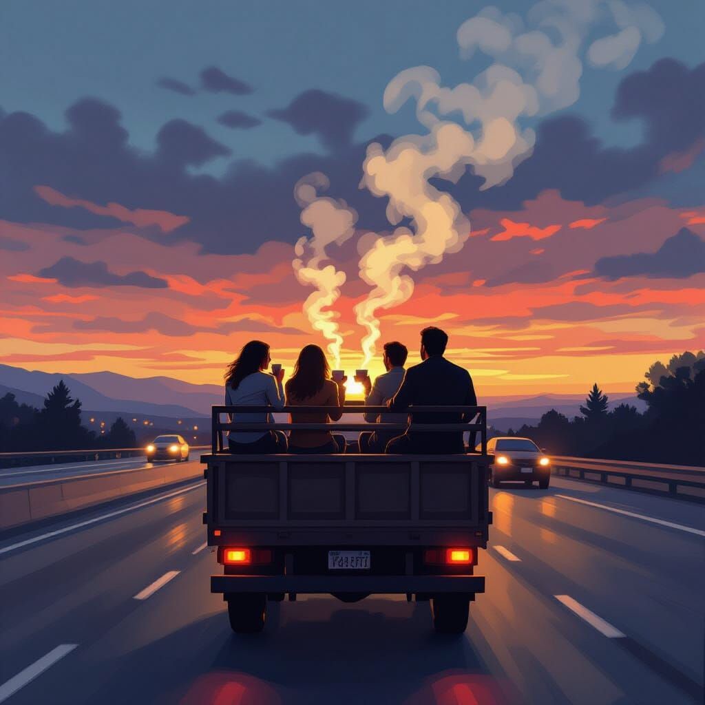 Coffee Lovers Ride Atop Speeding Truck At Dusk