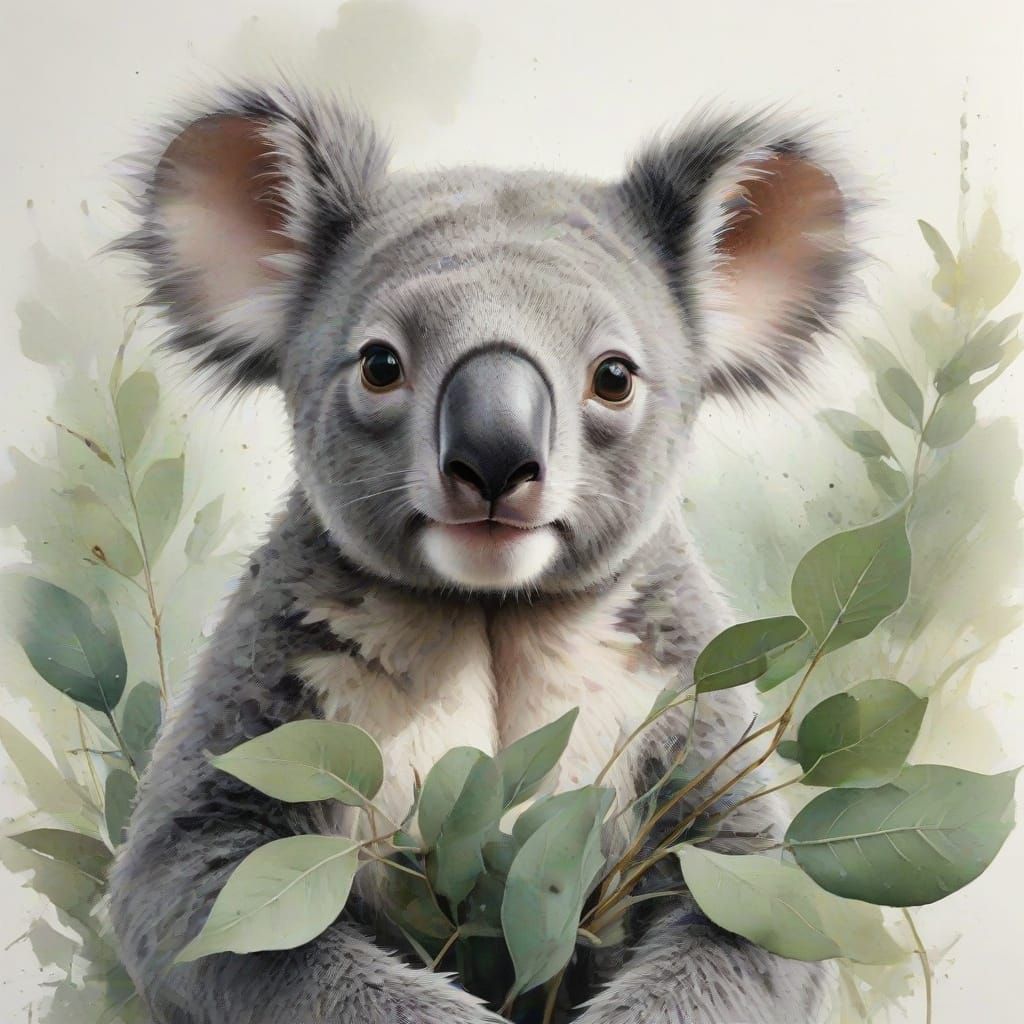 Realistic Koala in Eucalyptus, Painterly Realism Style