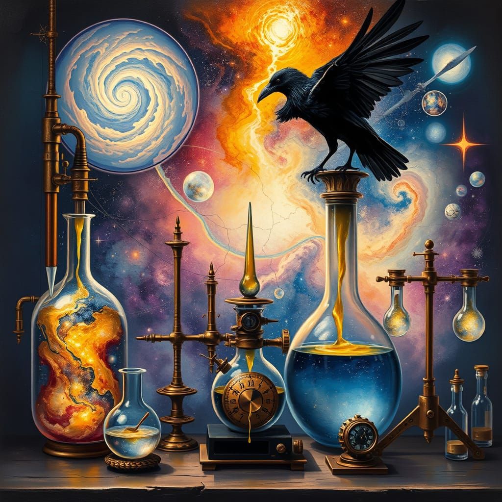 Steampunk Celestial Alchemy Lab with Swirling Galaxies and G...