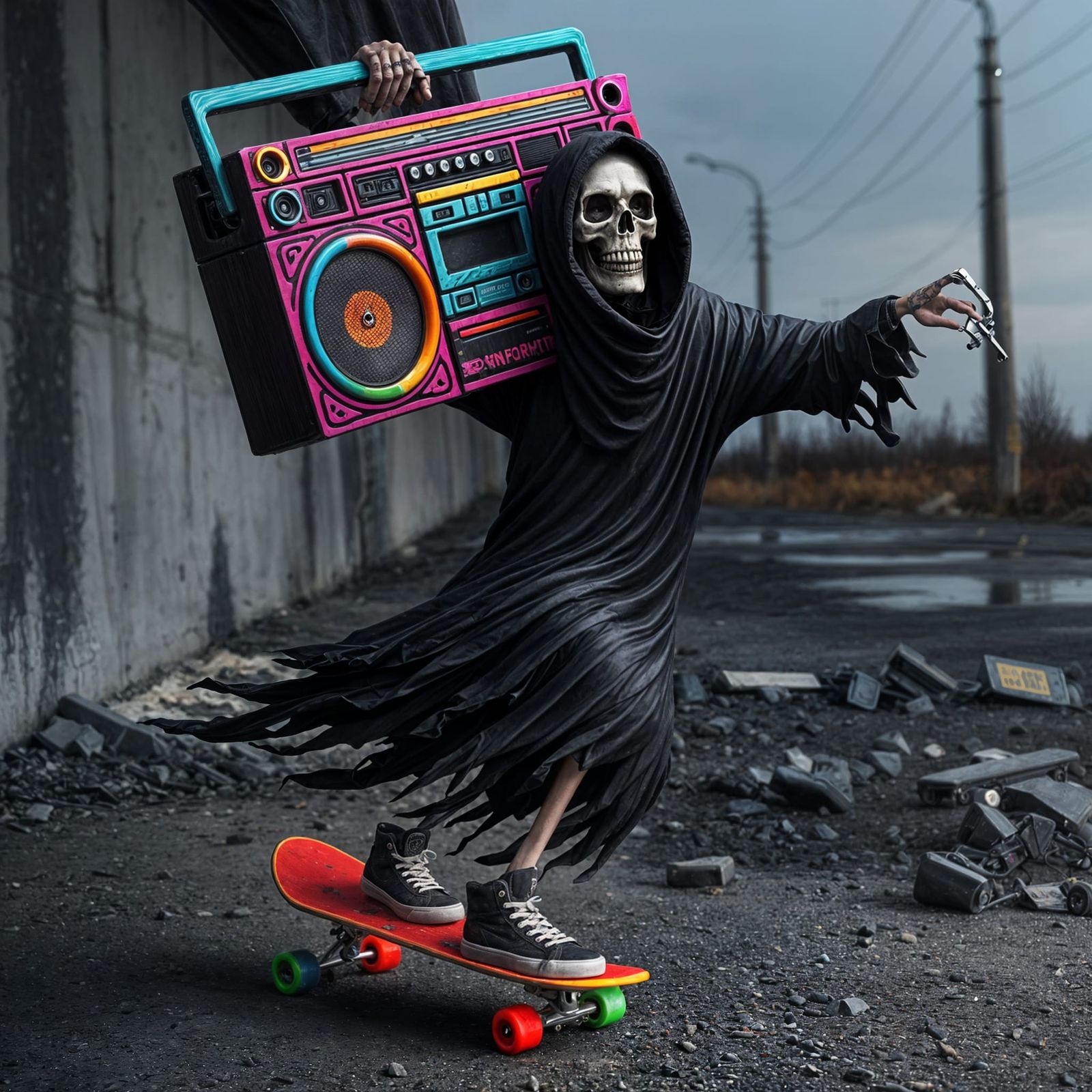 Skateboarding Grim Reaper with Boombox
