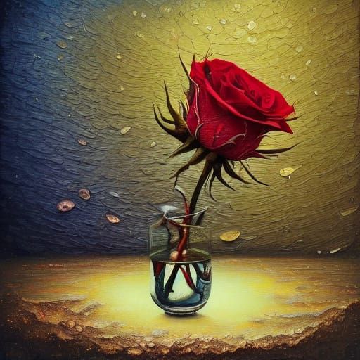 Surreal Oil Painting of a Crystalized Rose in Extreme Close-...