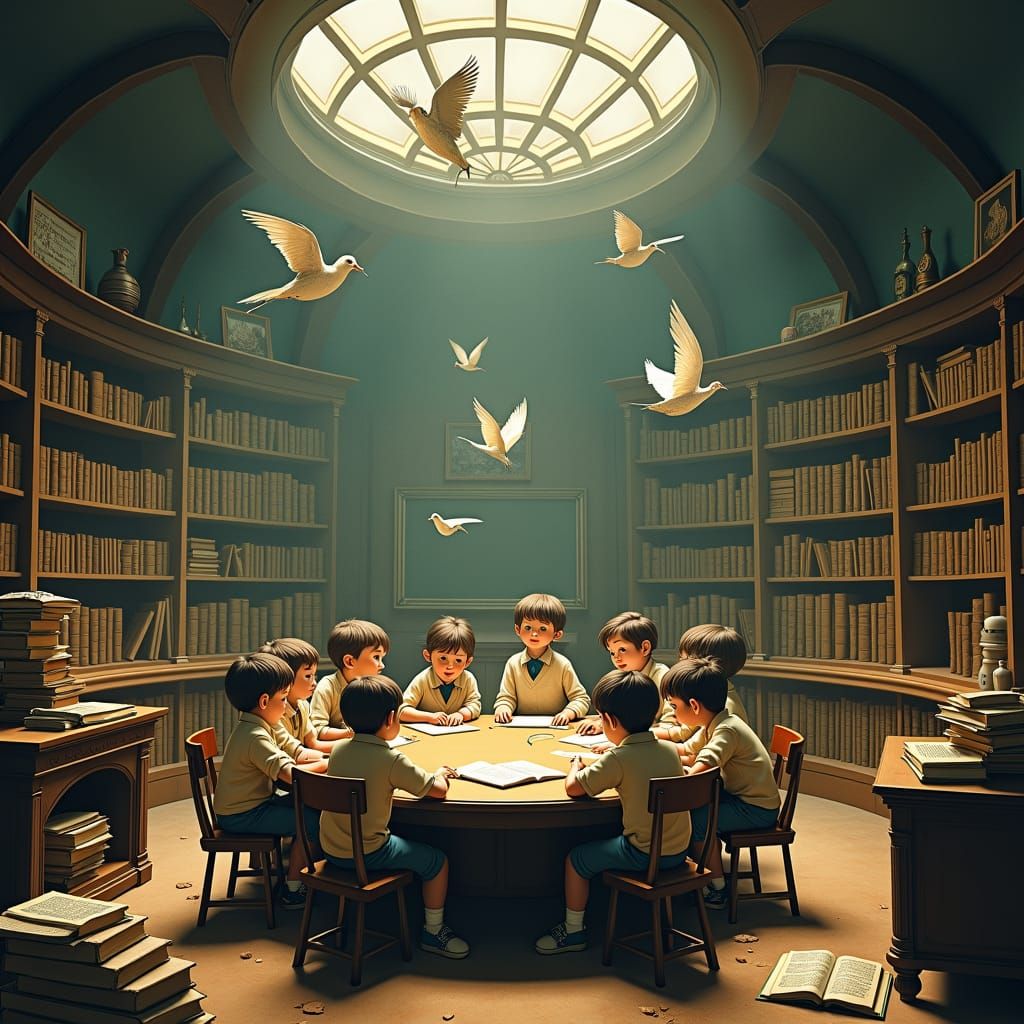 Mystical Classroom with Mythical Creatures in Ghibli Style