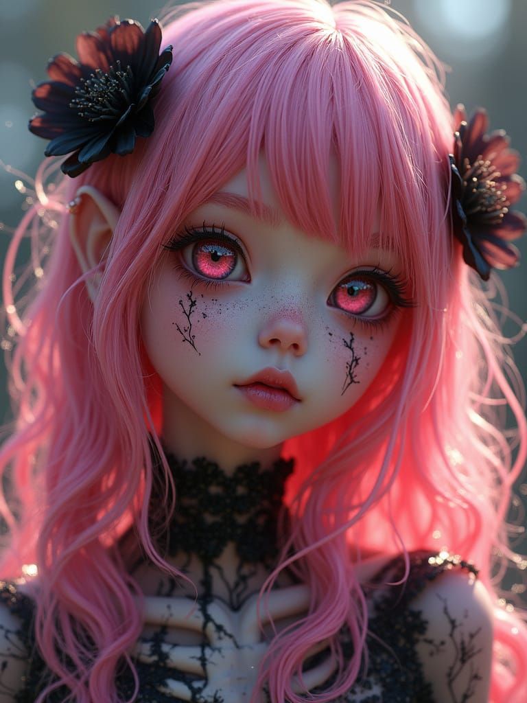 Gothic Undead Elf Portrait with Pink Hair
