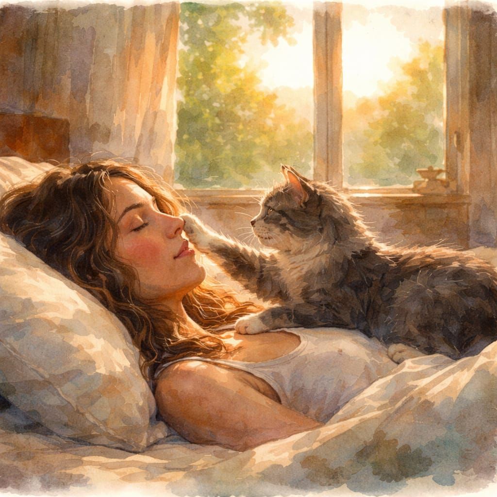 Woman and Cat Sleeping on Peaceful Summer Morning in Waterco...