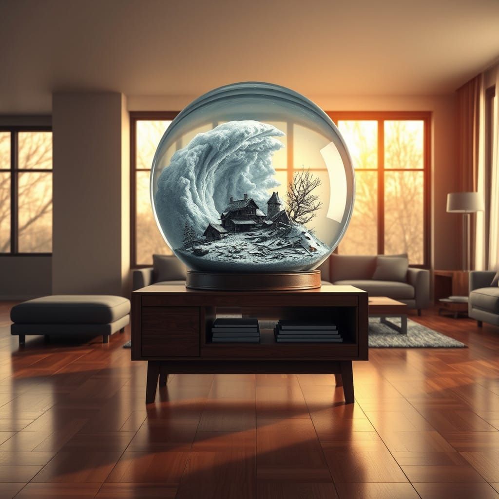 Desolate Village Snow Globe in a Modern Living Room