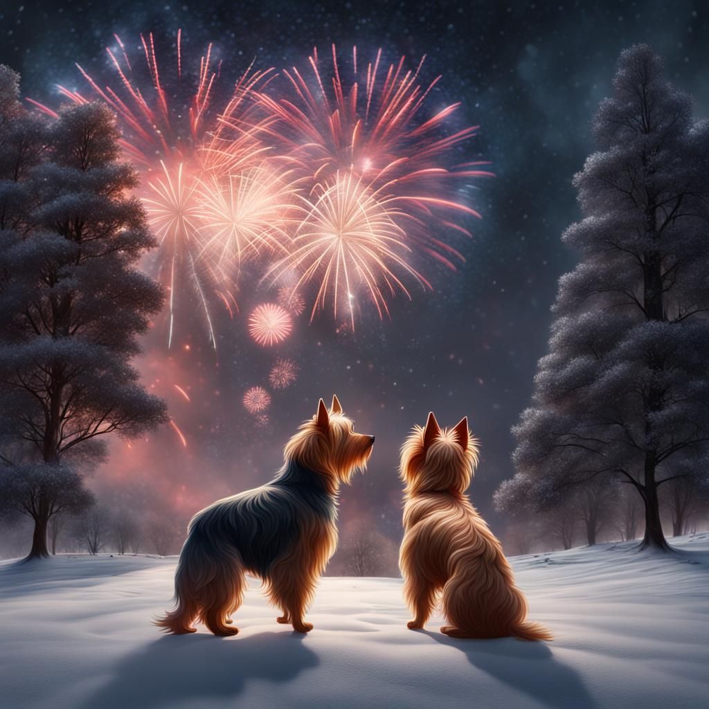 Terriers Watch Fireworks on Snowy Winter Night