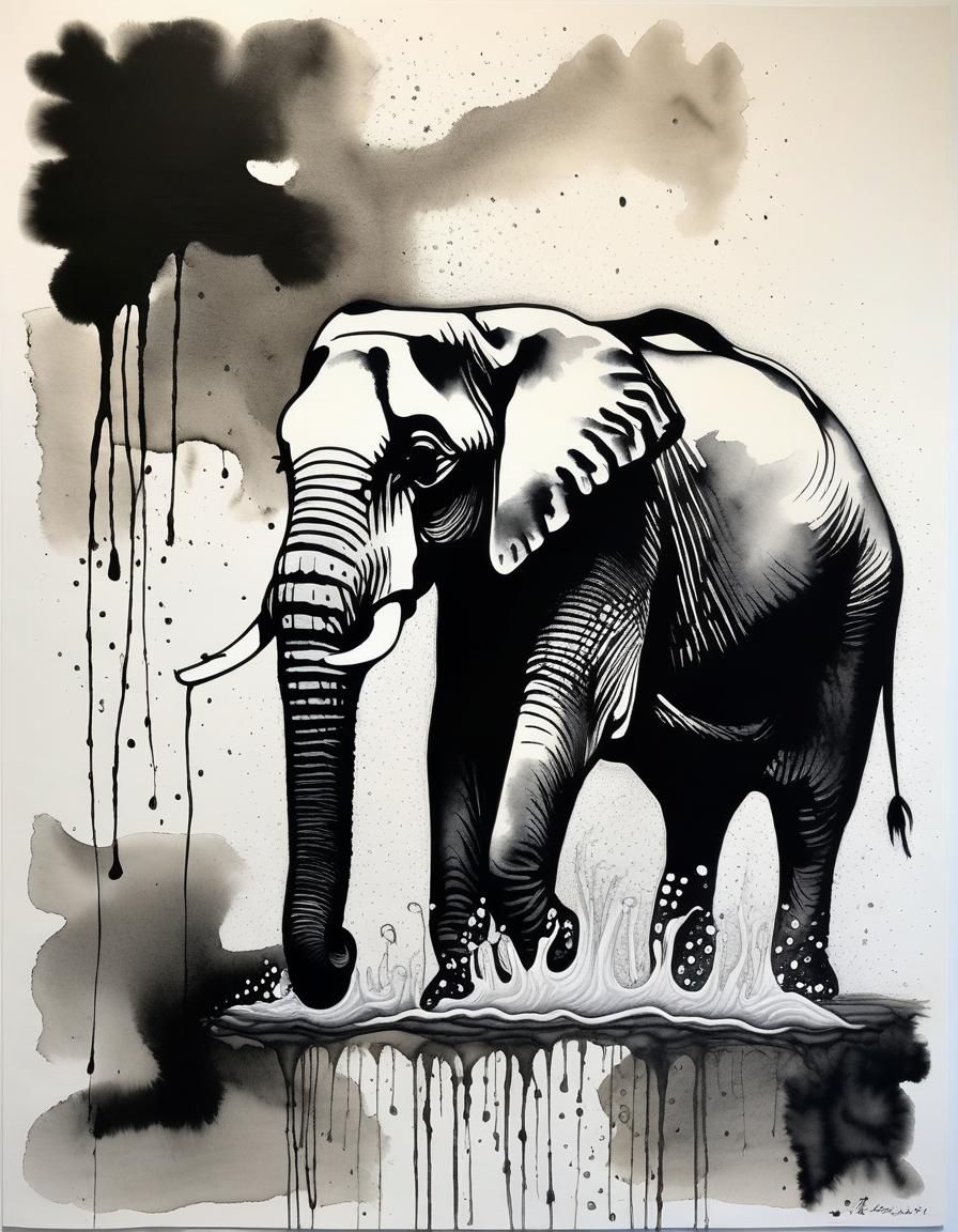 Elephant Splashing Water: Minimalist Sumi-e Ink Wash