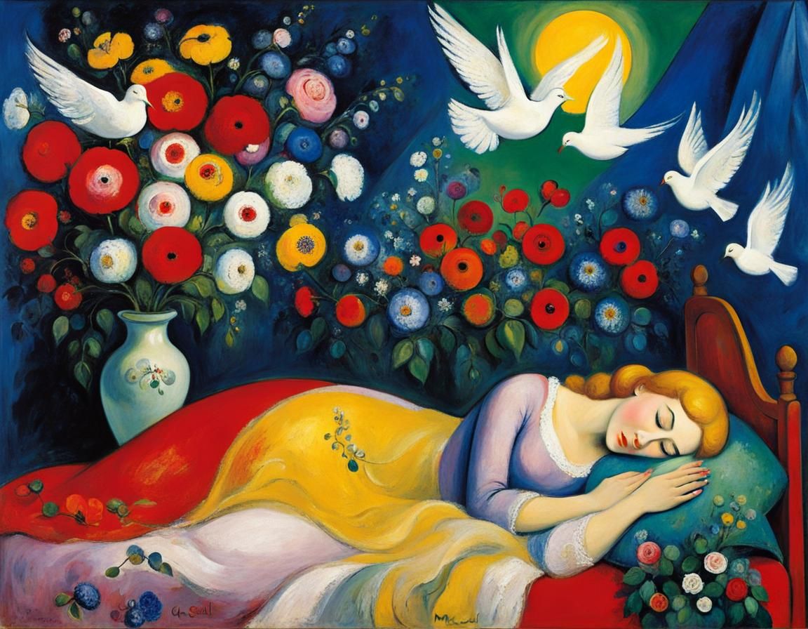 Sleeping Beauty with Doves in Expressionist Style
