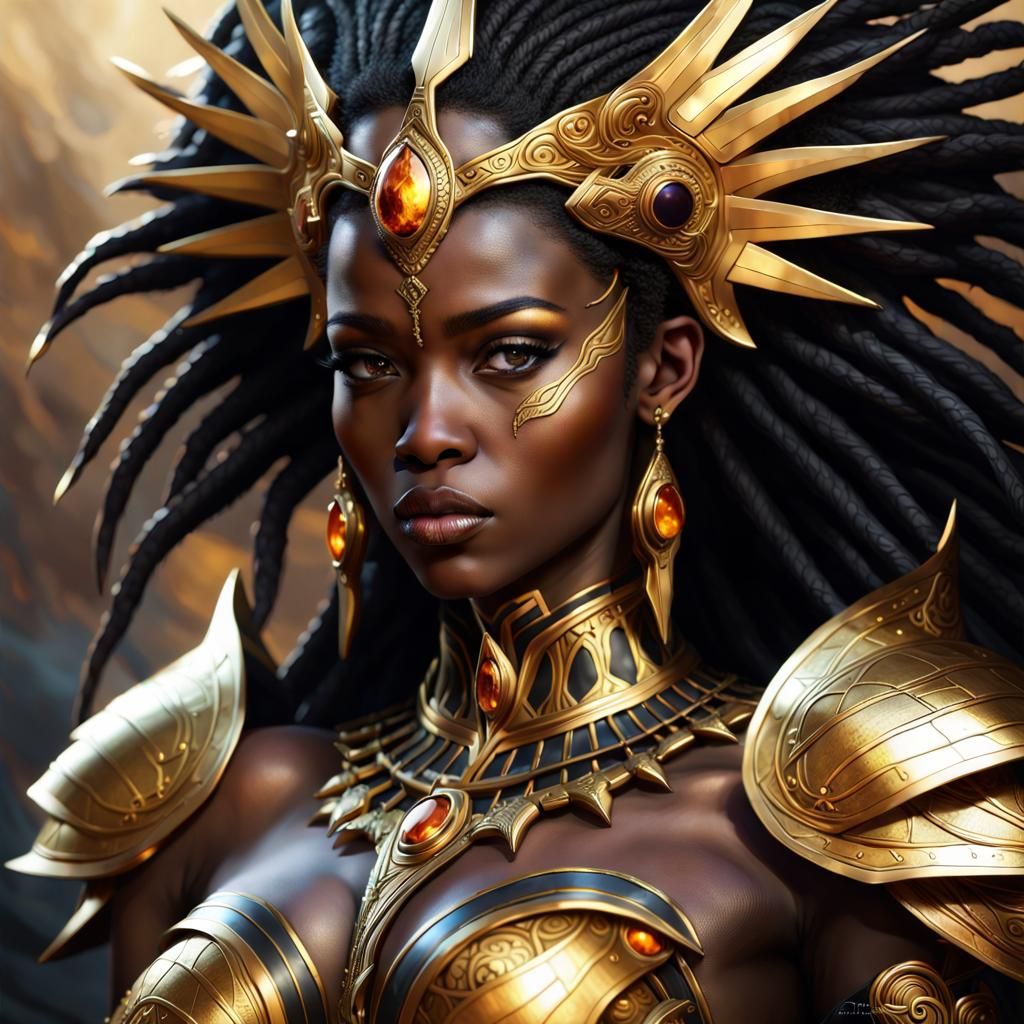 Ebony Sun Goddess in Intricate Armor