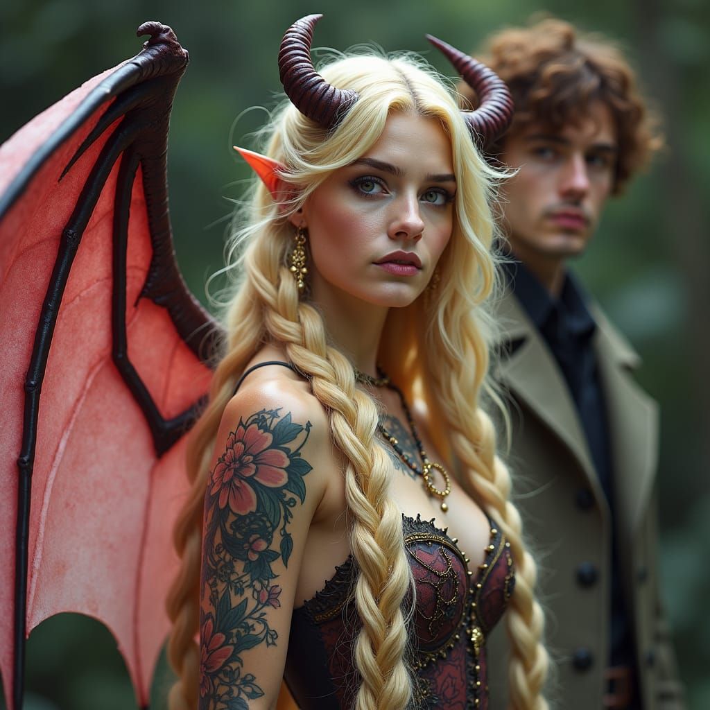 Blonde Maiden with Demon Wings, Pre-Raphaelite Style