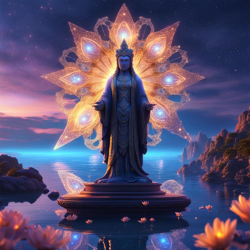 Dusk Beauty: Sacred Statue by the Sea