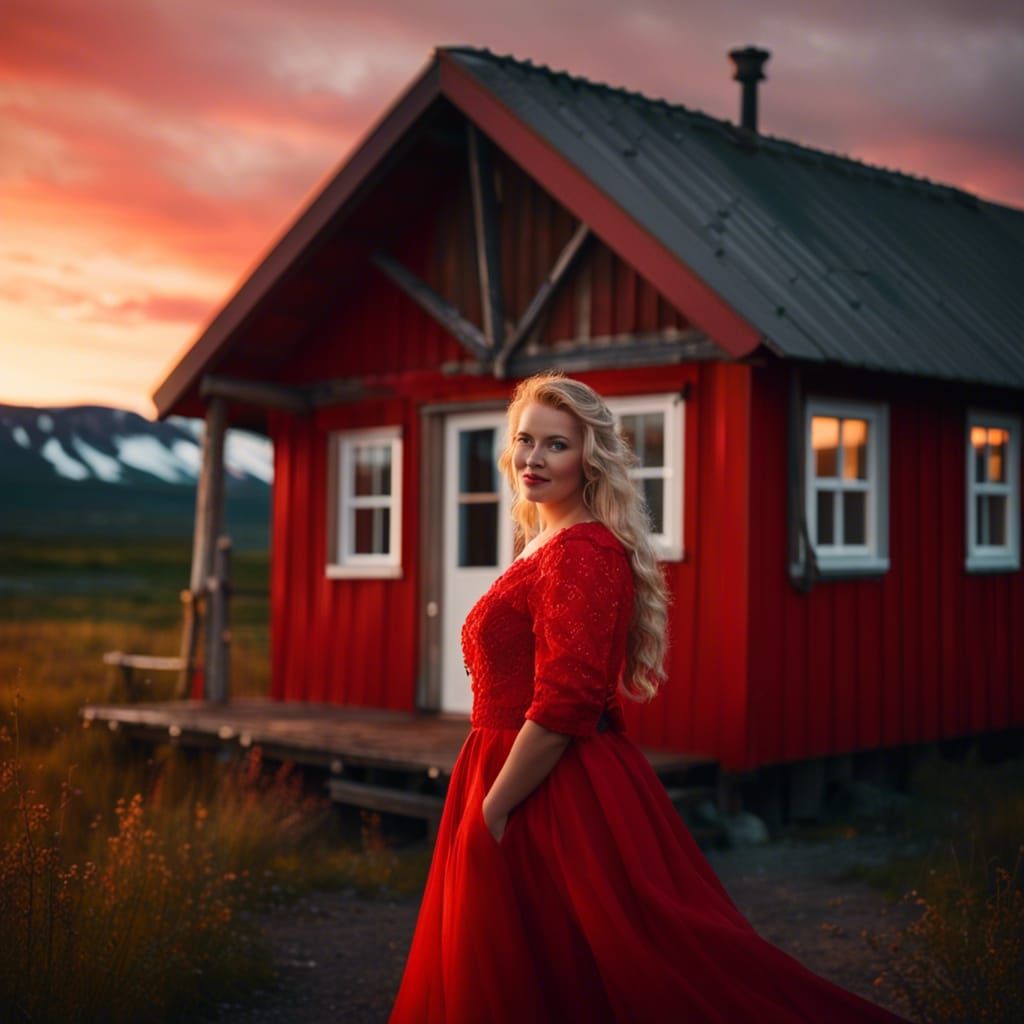 Arctic Cabin: Blonde Woman in Red Gown, Midnight Sun