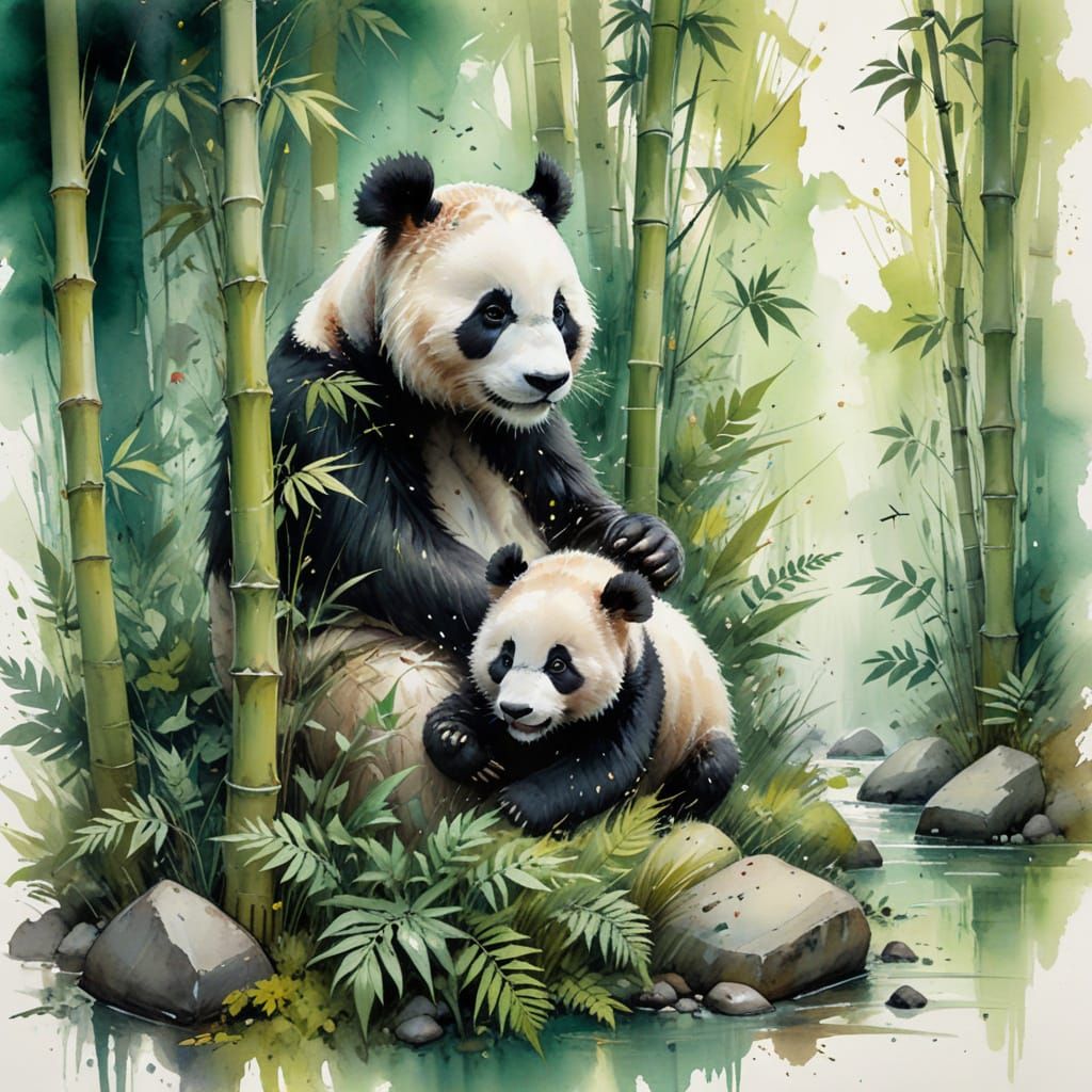 Panda Family in Bamboo Grove, Impressionistic Watercolour