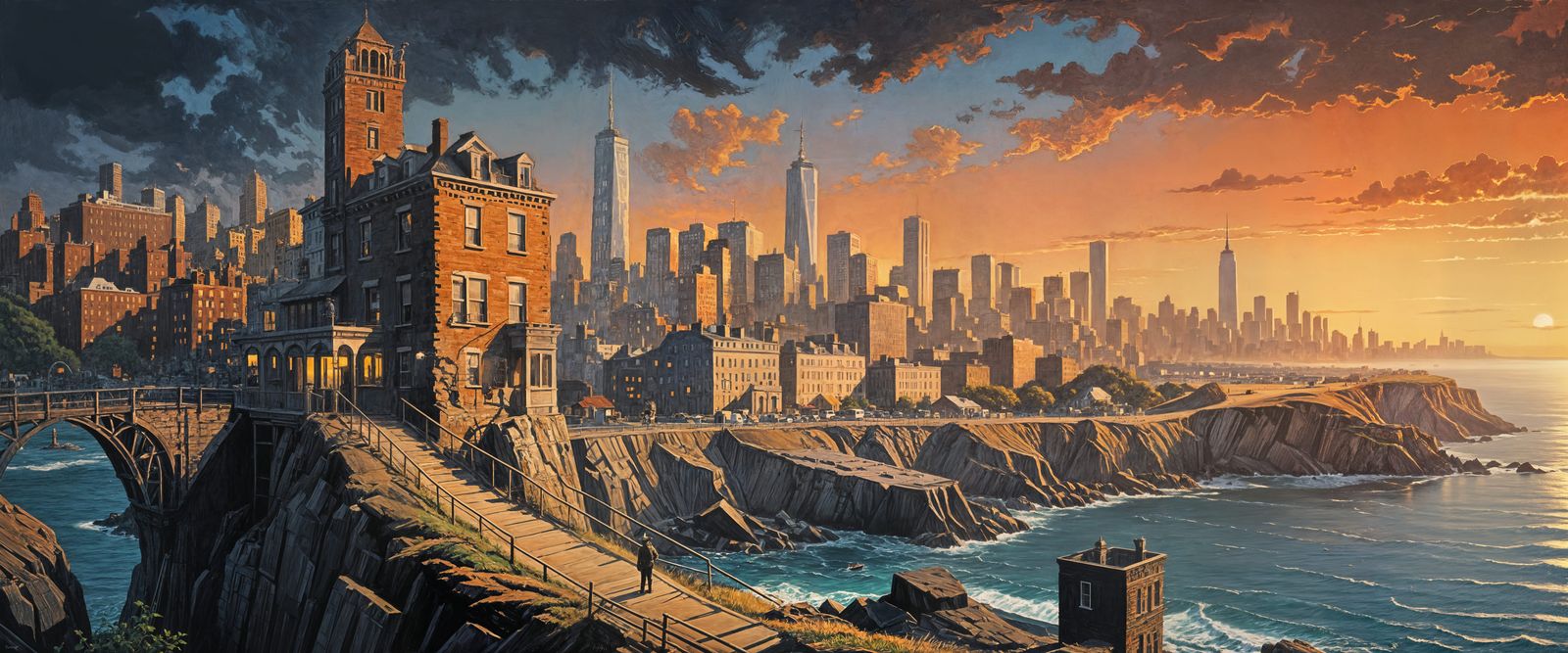 Mysterious Sunset on a Noir City's Cliff