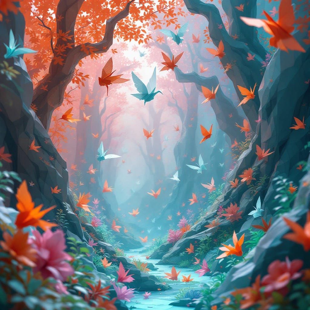 Origami Creatures Soar in Vibrant Paper Forest