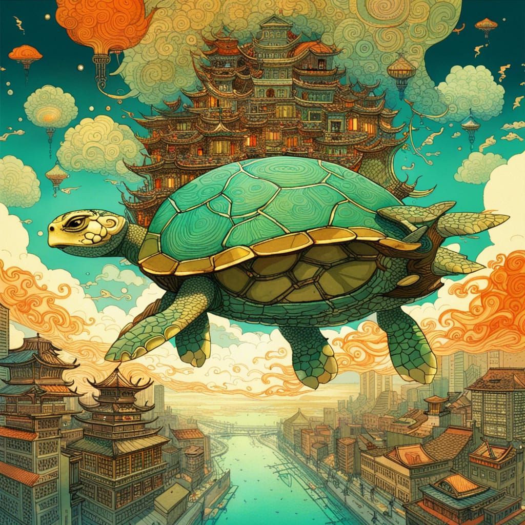 Surreal Flying Turtle City Dreamcore Illustration