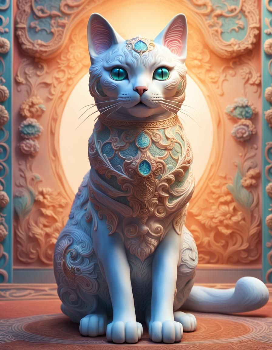 Ornate Porcelain Cat with Gradient Background