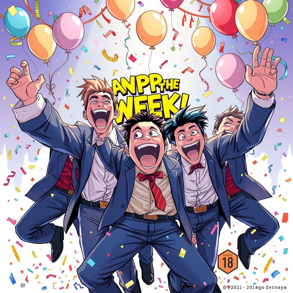 Hilarious Group Celebration in Vibrant Anime Style