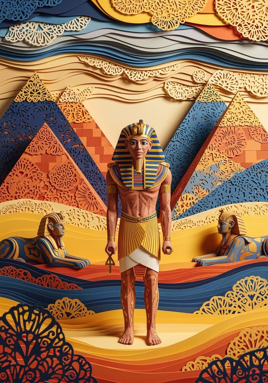 Vibrant Paper Pharaoh in Layered Landscape