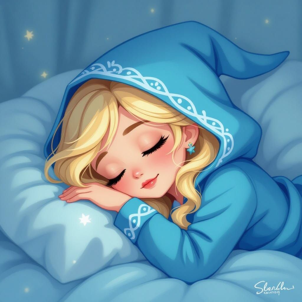 Anime Style Blondie Lockes Sleeping in Blue Hooded Outfit