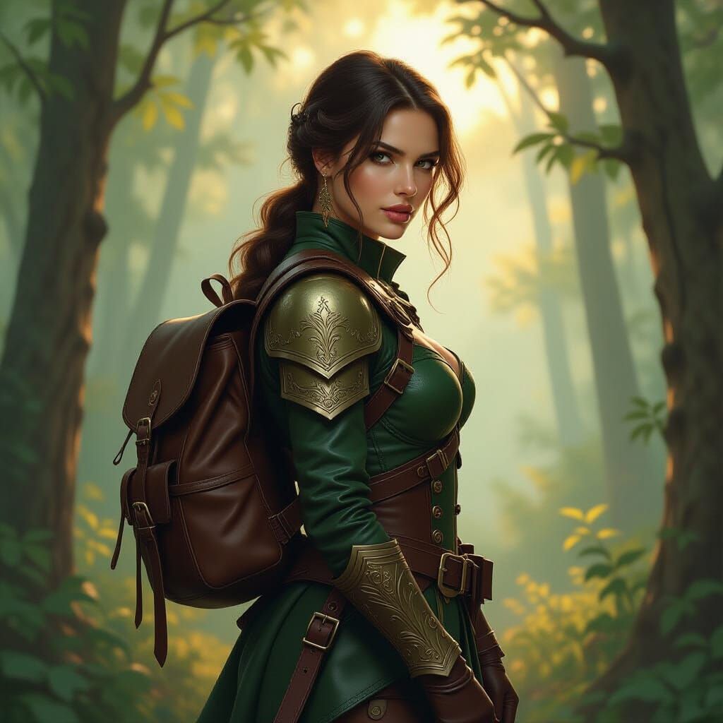 Female Adventurer in Misty Forest Oil Painting