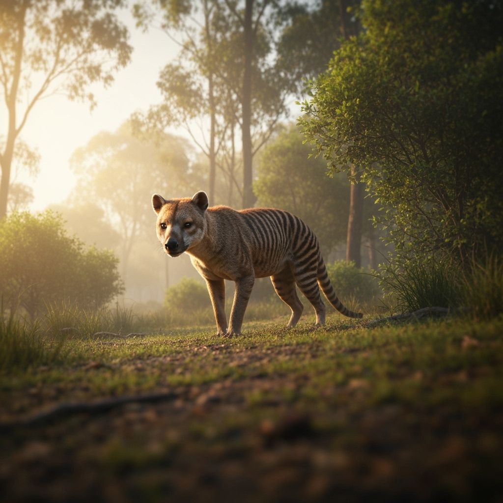 Thylacine in Tasmanian Forest at Dawn
