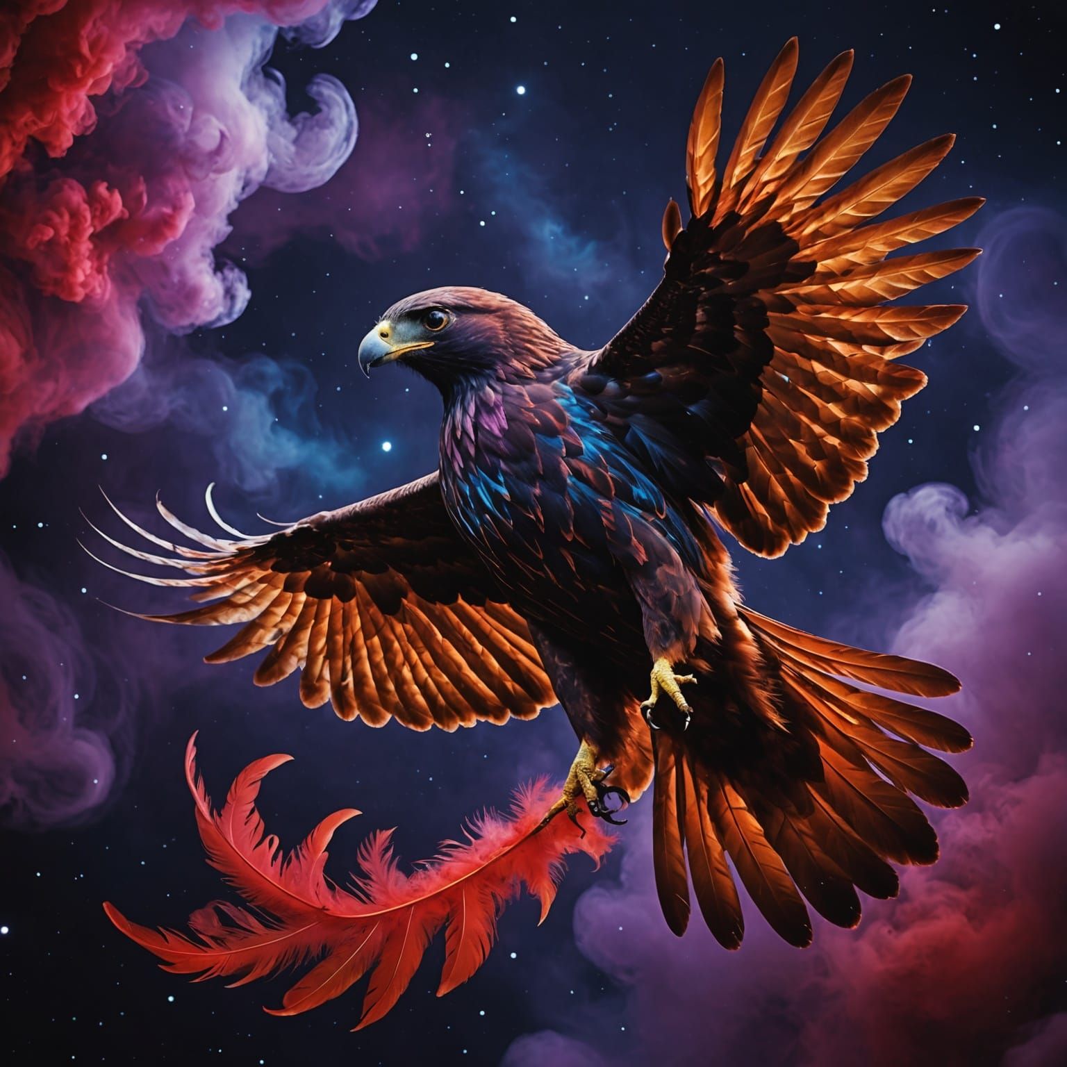 Hawk and Feather in Swirling Cosmic Clouds