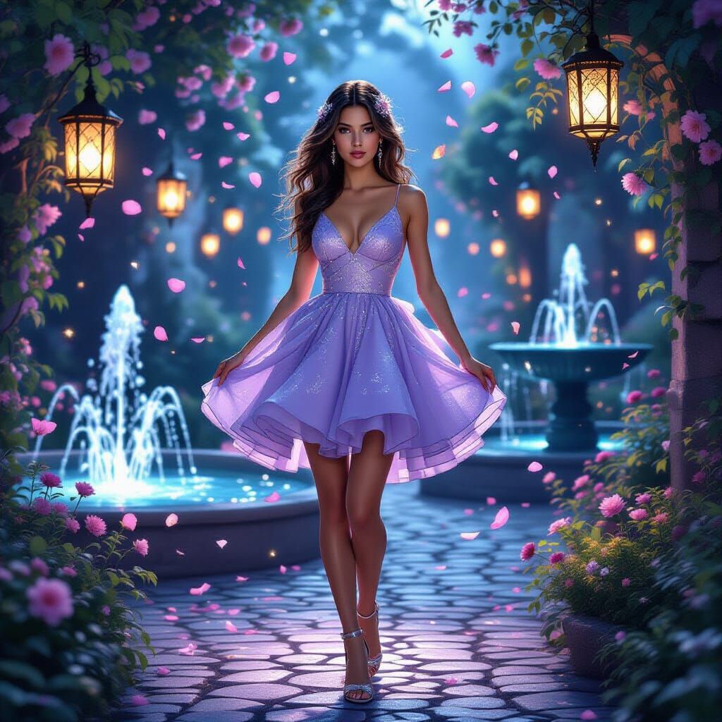Twilight Enchanted Garden with Woman in Dreamy Lighting
