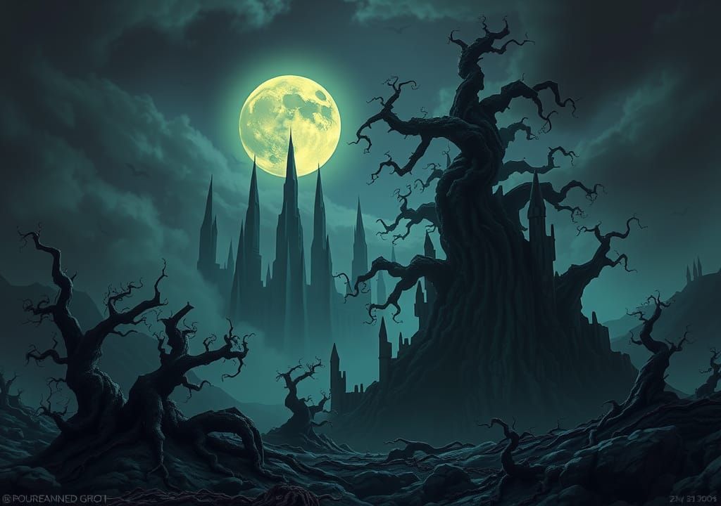 Dark Fantasy Realm Unfolds Under a Sickly Yellow-Green Moon