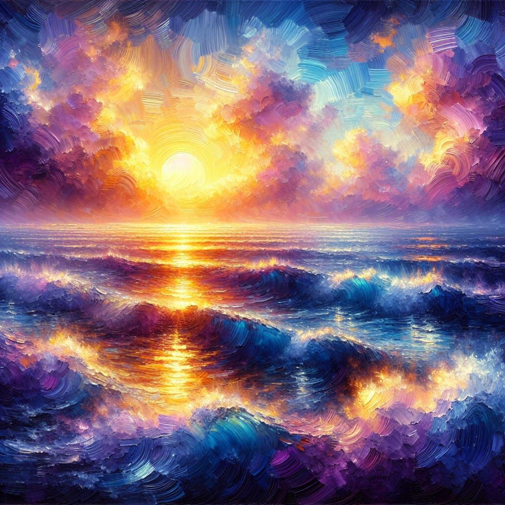 Impressionist Seascape Painting of Sunset Ocean