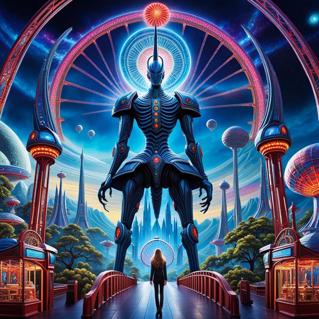 Galactic Theme Park on Space Station in Cyberpunk Style