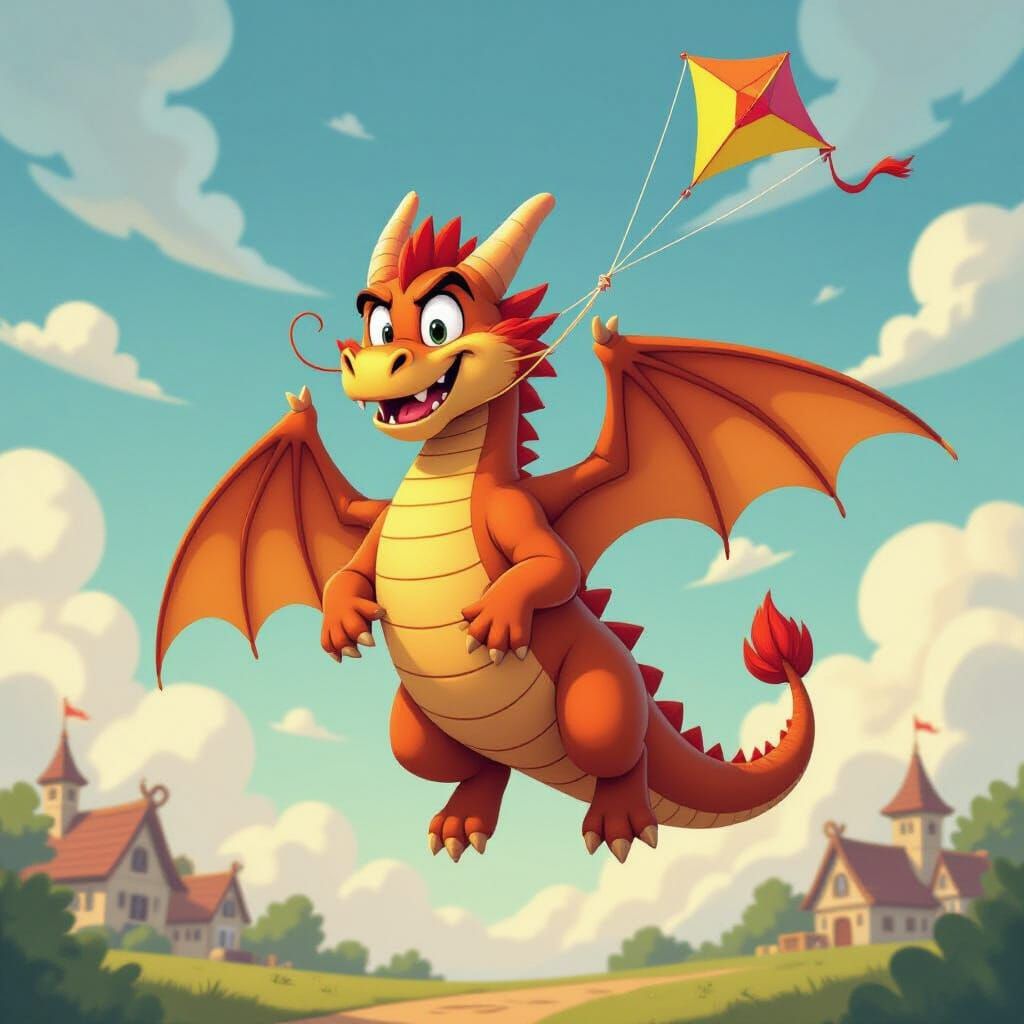 Comically Flailing Dragon Tangled in Kite String