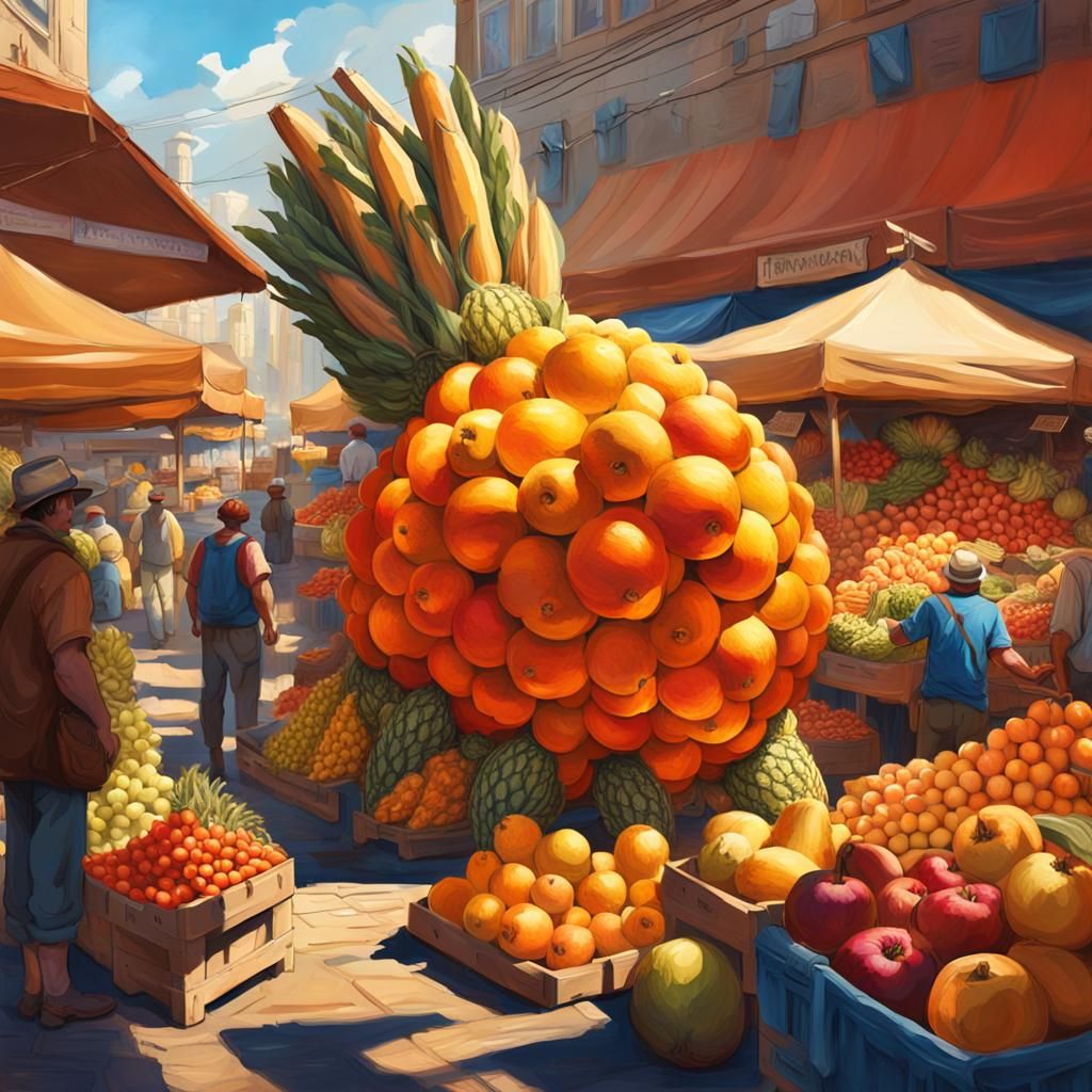 Colossal Fruit Sculpture at Bustling Farmers' Market