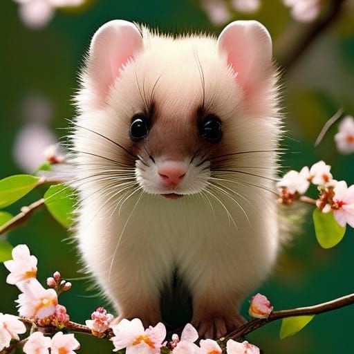 Adorable Ferret in Cherry Blossom Tree Painting