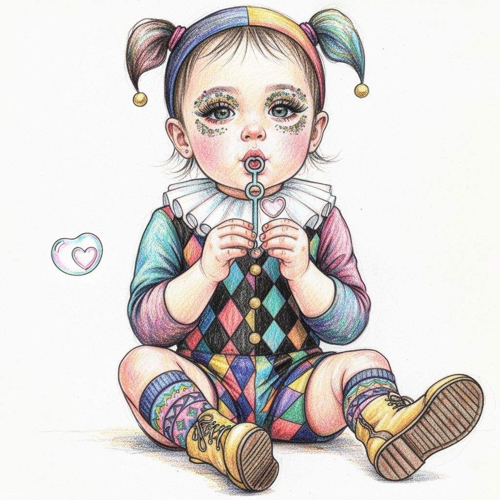Whimsical Toddler Blowing Bubbles as Colored Pencil Art