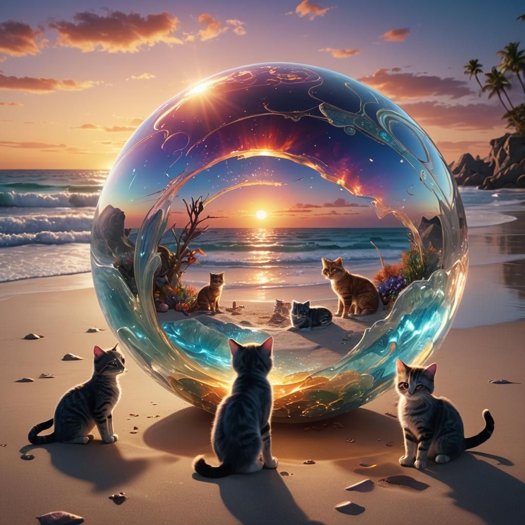 Glass Cat Family Playing in Mystical Orb