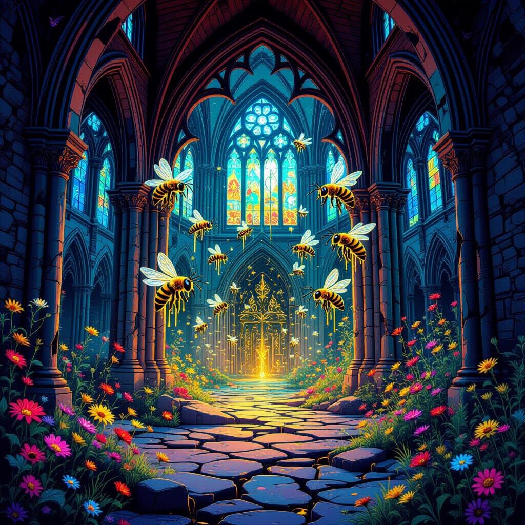 Bioluminescent Bees in Gothic Cathedral Ruins: Psychedelic A...