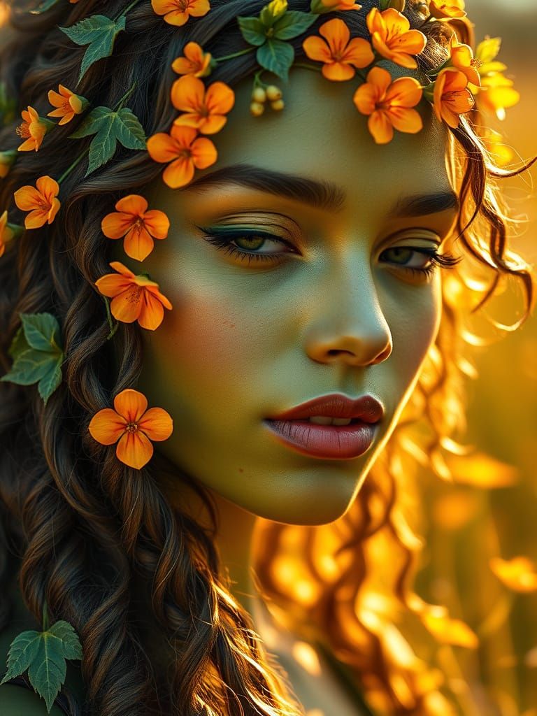 Ethereal Plant Woman Basks in Autumnal Radiance