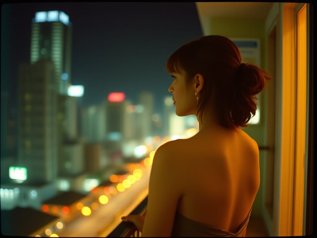 Woman Under Starry Night Cityscape in Retro Film Still
