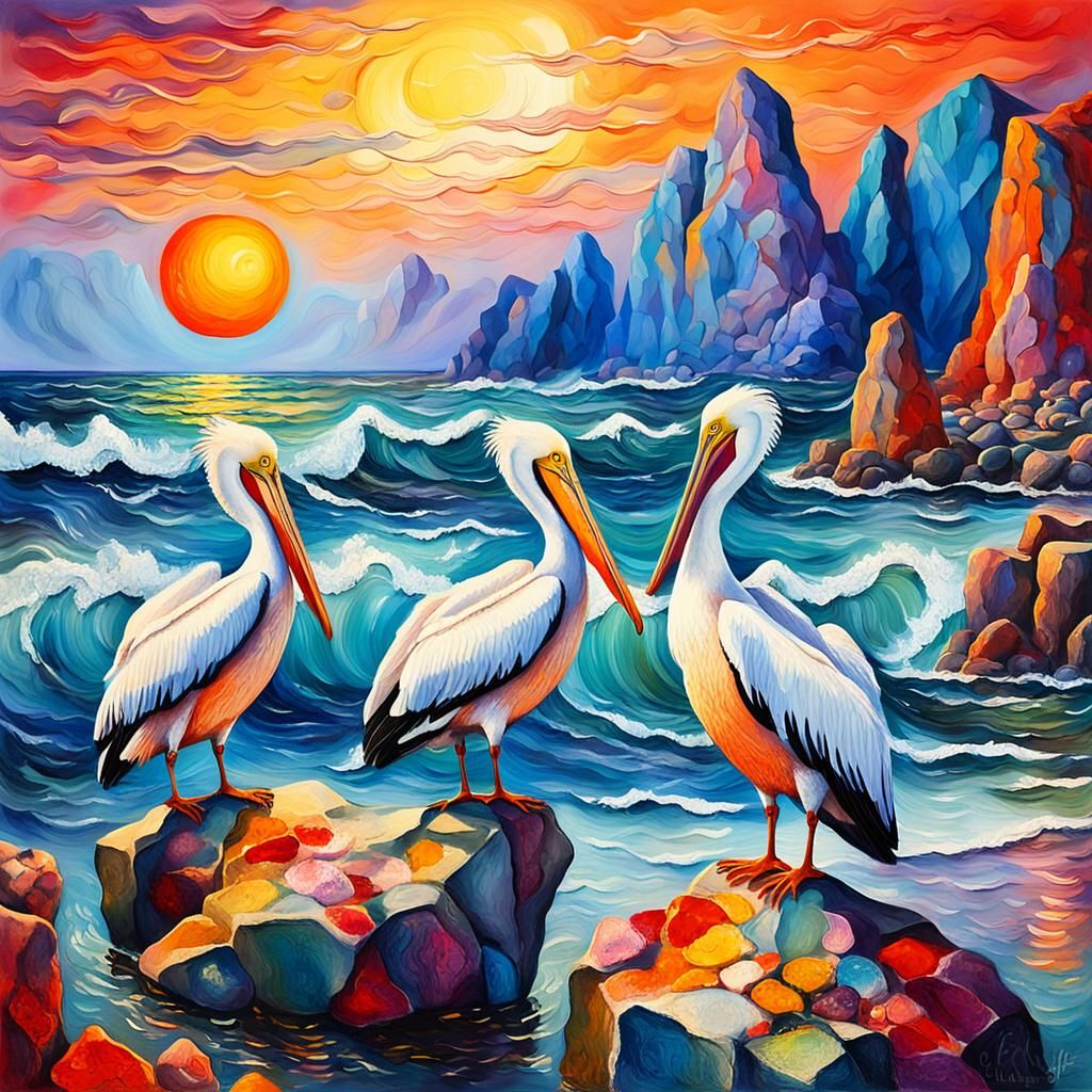 Marc Chagall-Inspired Seascape with Pelicans at Sunset