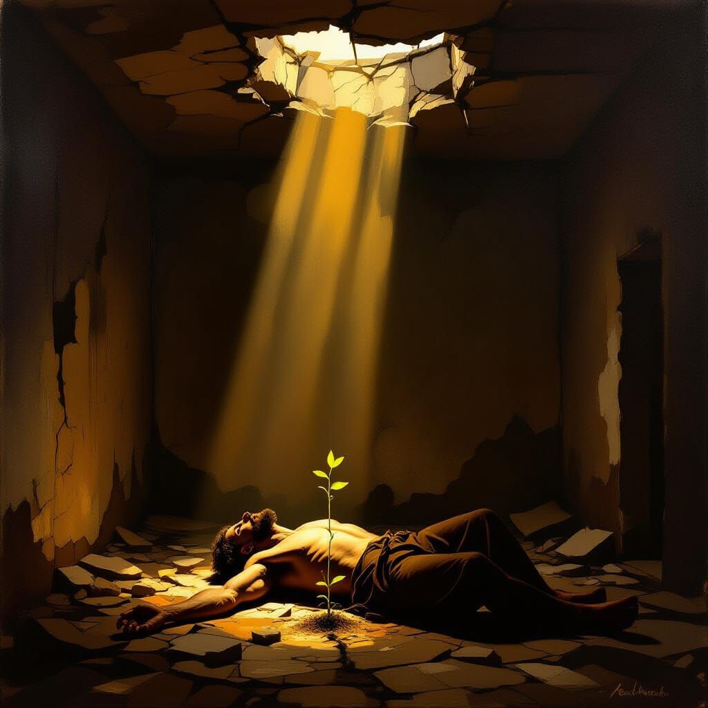 Impasto Oil Painting of Collapsed Figure and Sprout