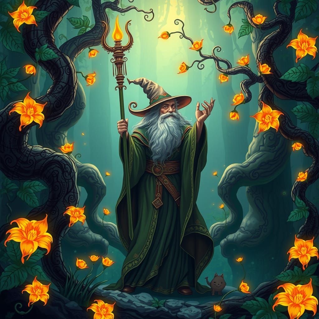 Fantasy Wizard in Alphonse Mucha Art Nouveau Style