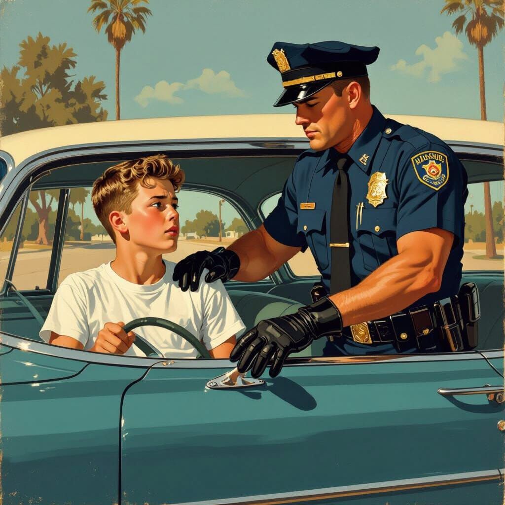 1950s Cop Intimidates Teenager in Ed Ruscha Style