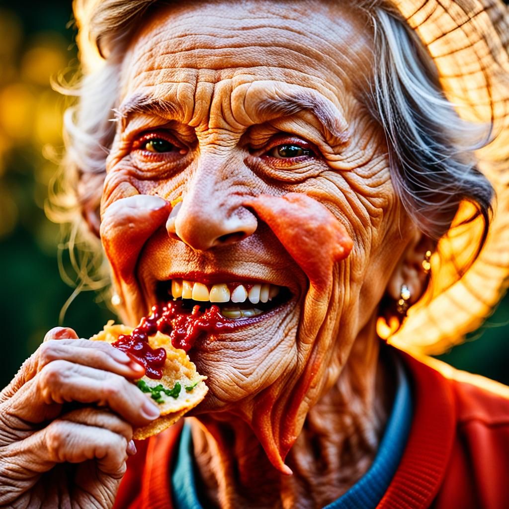 Joyful Taco Bite: Vibrant Portrait in Photographic Style