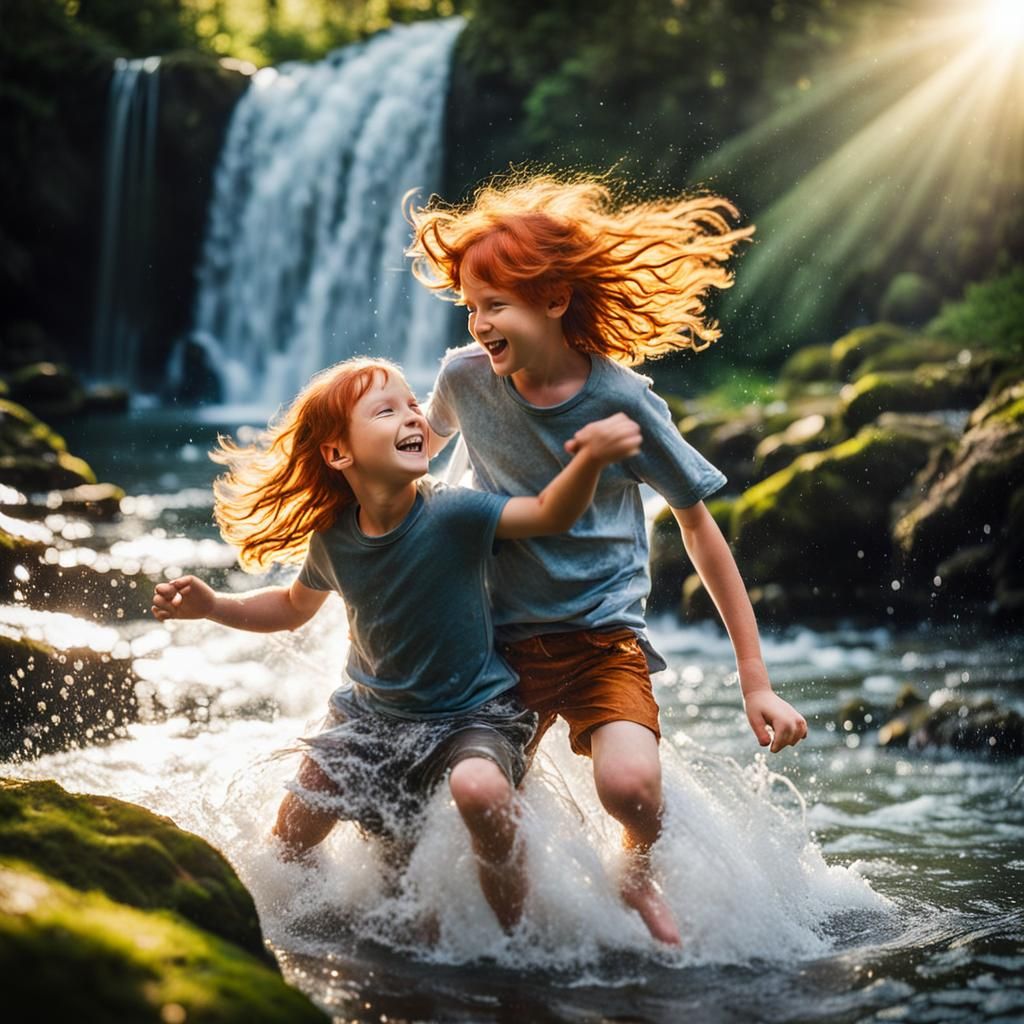 Boy and Water Nymph in Sunlit Waterfall