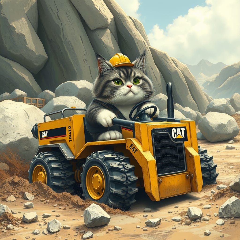Whimsical Construction Cat Operates Miniature Caterpillar Tr...