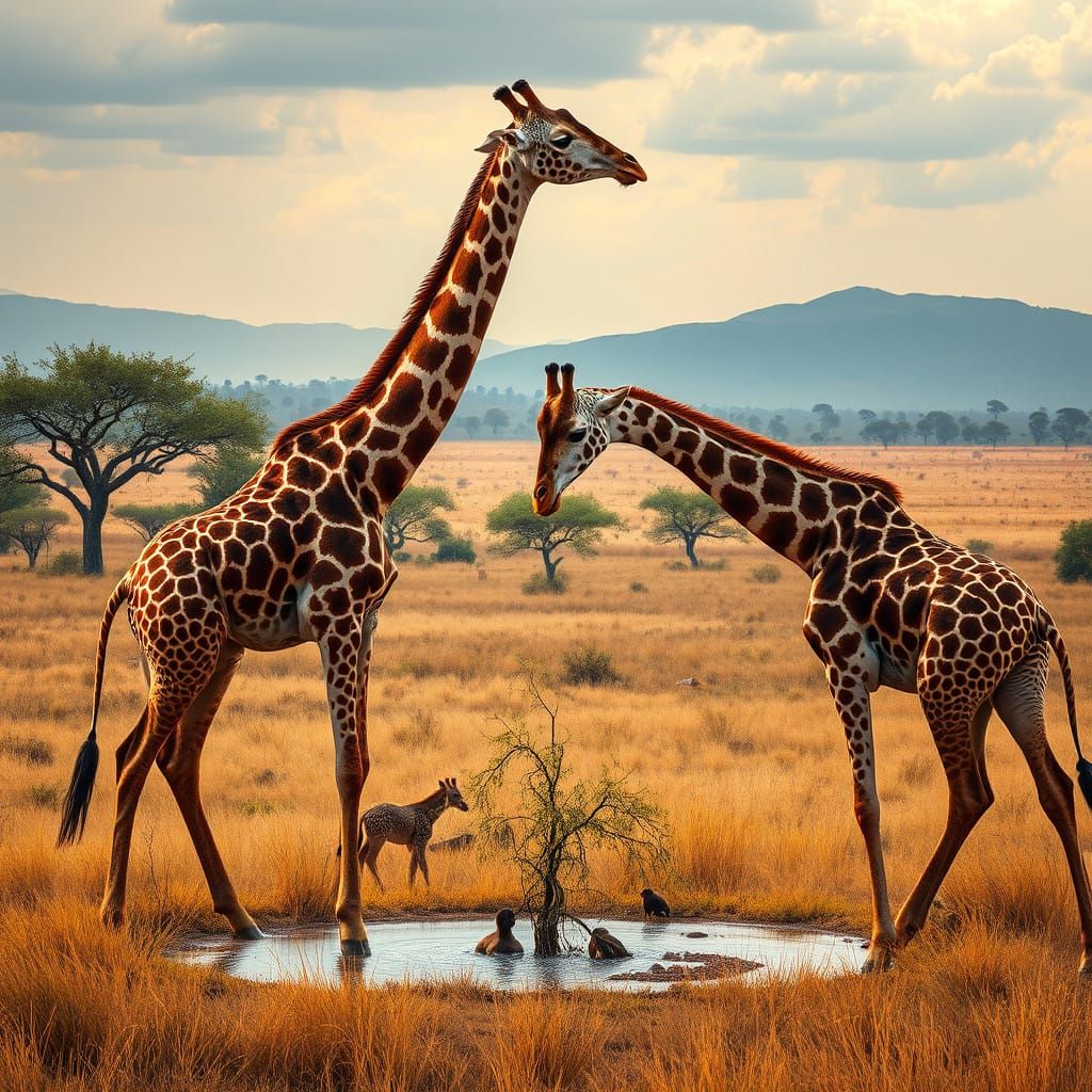 Majestic Giraffes Clash in African Savannah, Amidst Acacia T...