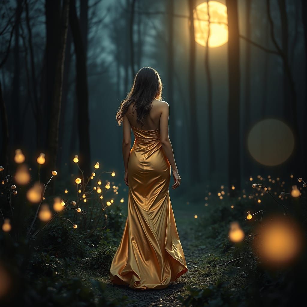 Woman in Shimmering Golden Dress in Moonlit Forest