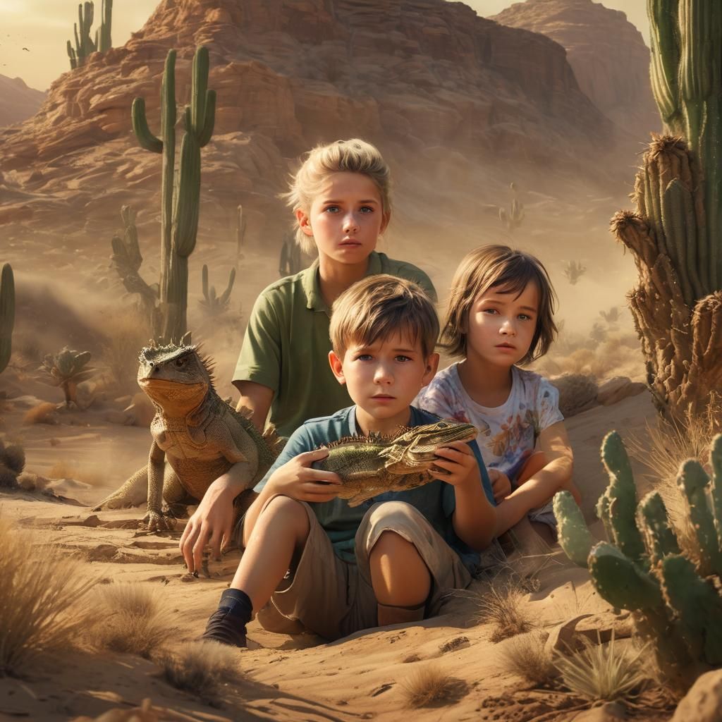 Movie poster featuring stunning sandstorm, children hiding n...
