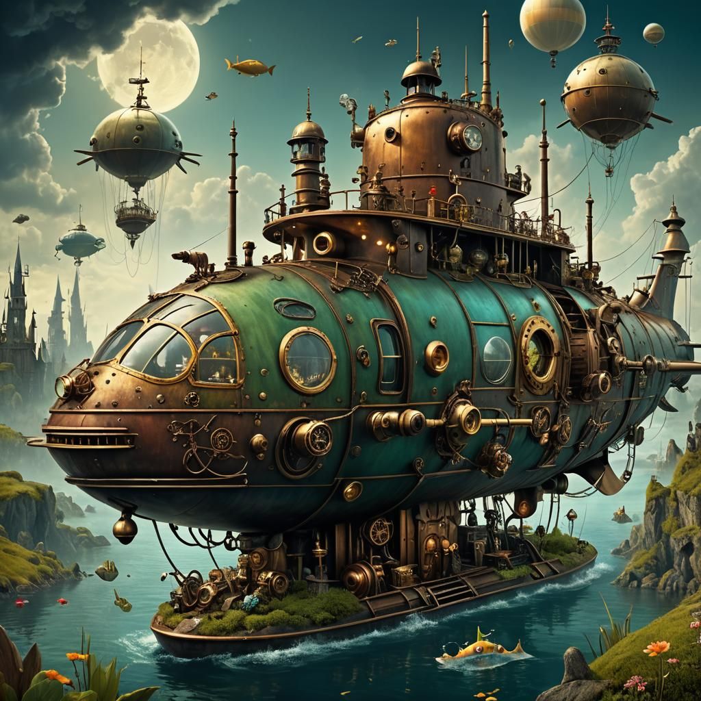 A Fantasy whimsical steampunk submarine